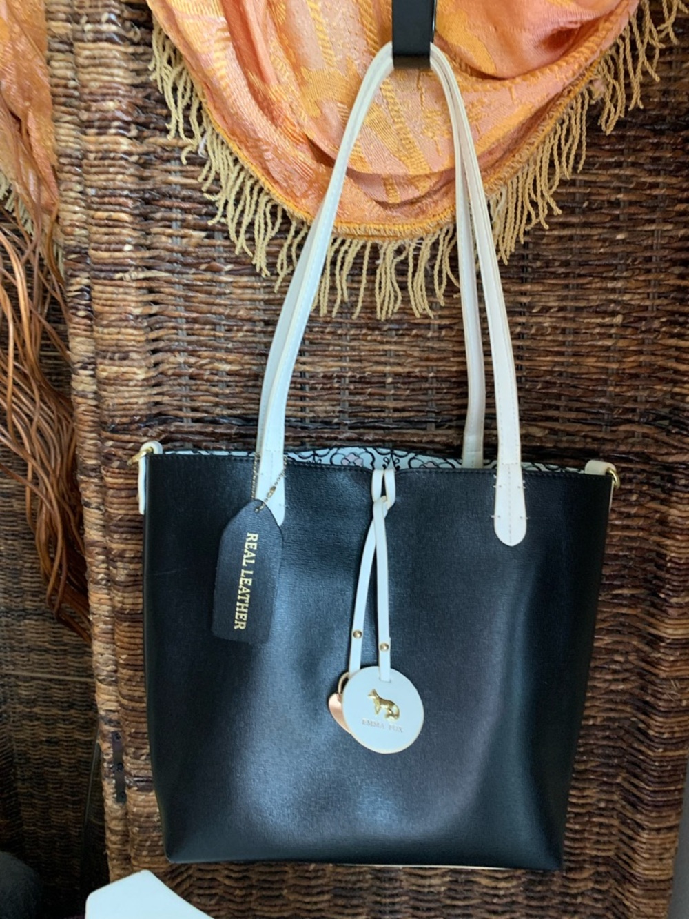 Emma Fox Black and White Leather Tote Bag with gold embellishments